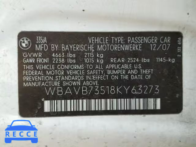 2008 BMW 335I WBAVB73518KY63273 зображення 8