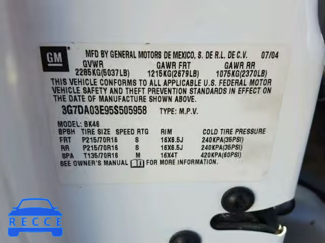 2005 PONTIAC AZTEK 3G7DA03E95S505958 image 8