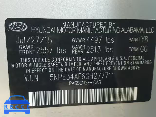 2016 HYUNDAI SONATA SPO 5NPE34AF6GH277711 image 9