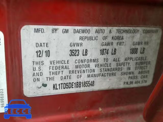 2011 CHEVROLET AVEO LS/LT KL1TD5DE1BB185548 image 9