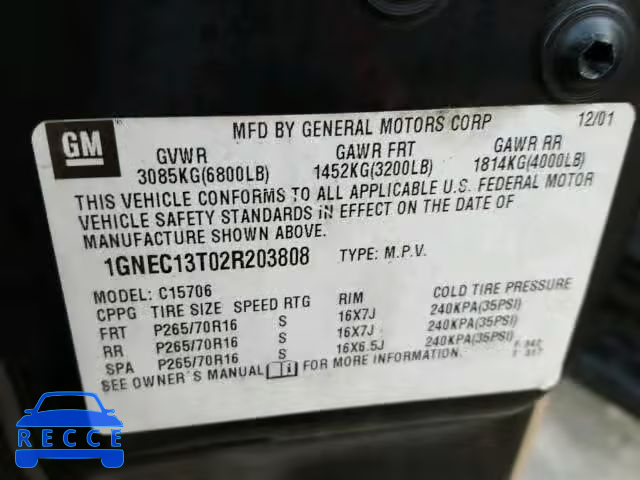 2002 CHEVROLET TAHOE C150 1GNEC13T02R203808 Bild 9
