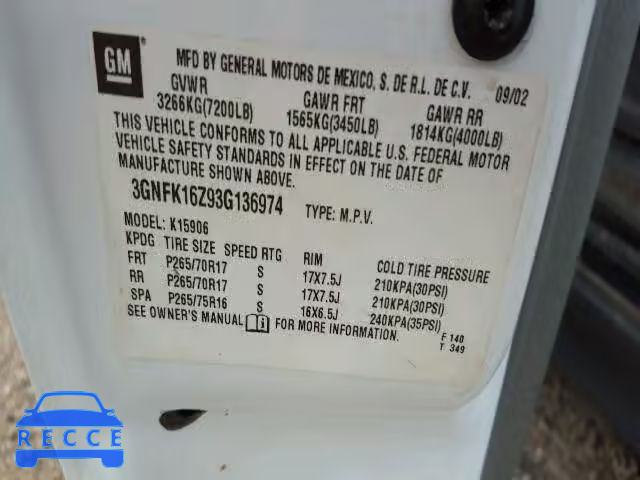 2003 CHEVROLET K1500 SUBU 3GNFK16Z93G136974 image 9
