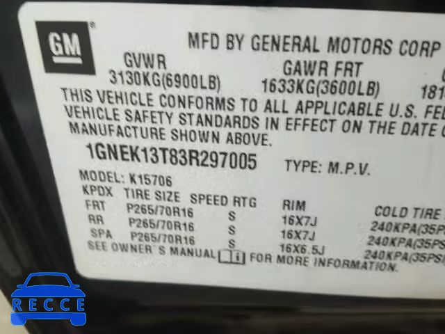 2003 CHEVROLET TAHOE K150 1GNEK13T83R297005 image 9