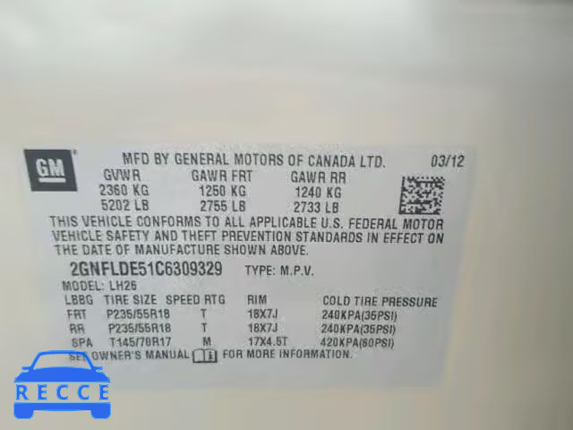 2012 CHEVROLET EQUINOX LT 2GNFLDE51C6309329 image 8