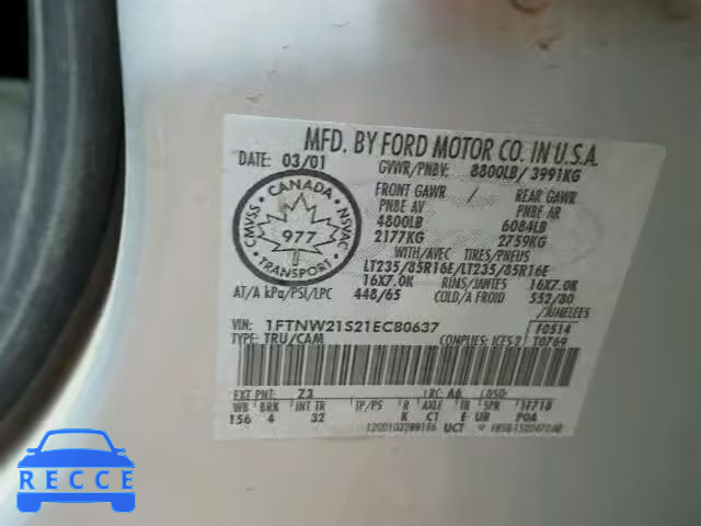 2001 FORD F250 SUPER 1FTNW21S21EC80637 image 8