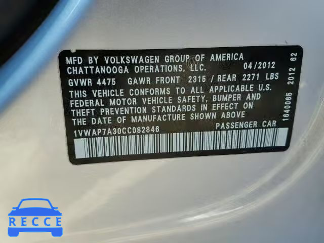 2012 VOLKSWAGEN PASSAT S 1VWAP7A30CC082846 image 9