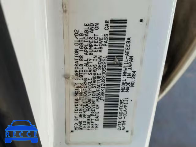 2002 TOYOTA PRIUS JT2BK12U220052251 image 8