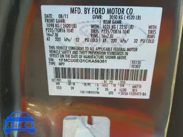 2012 FORD ESCAPE LIM 1FMCU0EG1CKA59361 image 9