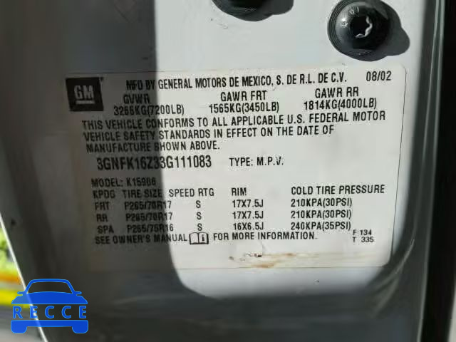 2003 CHEVROLET K1500 SUBU 3GNFK16Z33G111083 image 9