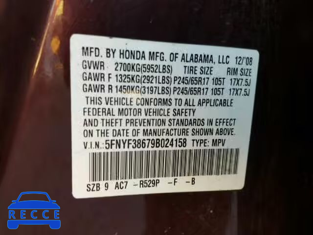 2009 HONDA PILOT EXL 5FNYF38679B024158 image 9