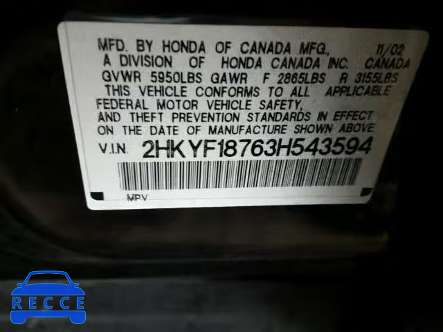 2003 HONDA PILOT EXL 2HKYF18763H543594 image 8