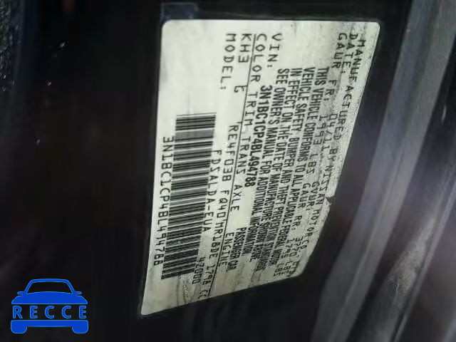 2011 NISSAN VERSA S/SL 3N1BC1CP4BL494788 зображення 9