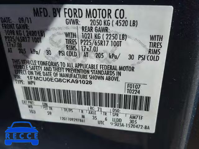 2012 FORD ESCAPE LIM 1FMCU0EG8CKA91028 image 8