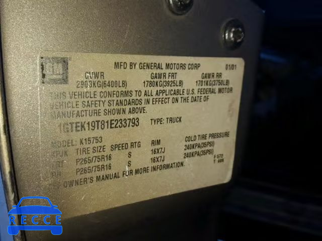 2001 GMC SIERRA K15 1GTEK19T81E233793 image 8