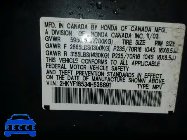2004 HONDA PILOT EXL 2HKYF18534H528891 image 9