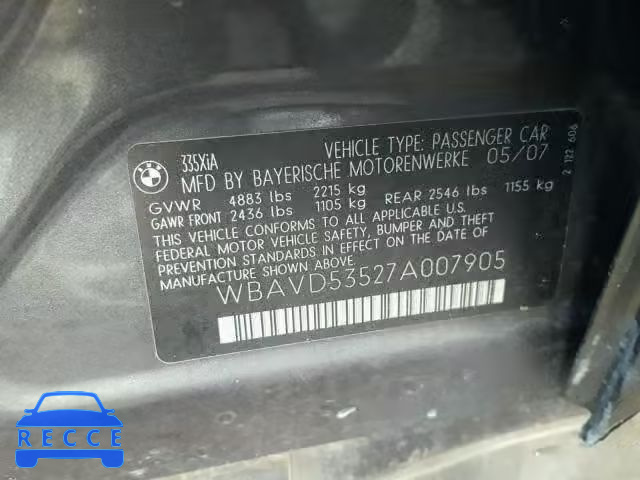 2007 BMW 335 XI WBAVD53527A007905 зображення 9