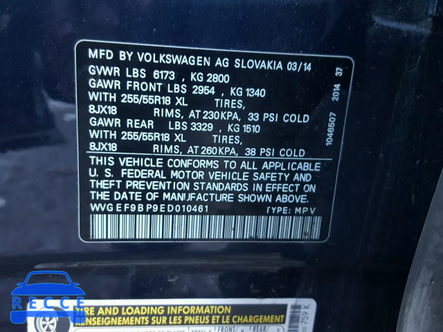 2014 VOLKSWAGEN TOUAREG V6 WVGEF9BP9ED010461 image 9