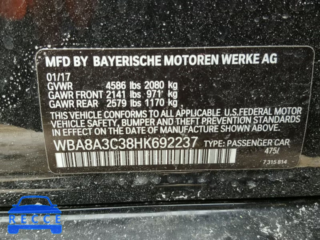 2017 BMW 320 XI WBA8A3C38HK692237 зображення 9