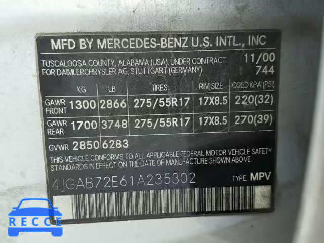 2001 MERCEDES-BENZ ML 430 4JGAB72E61A235302 зображення 9