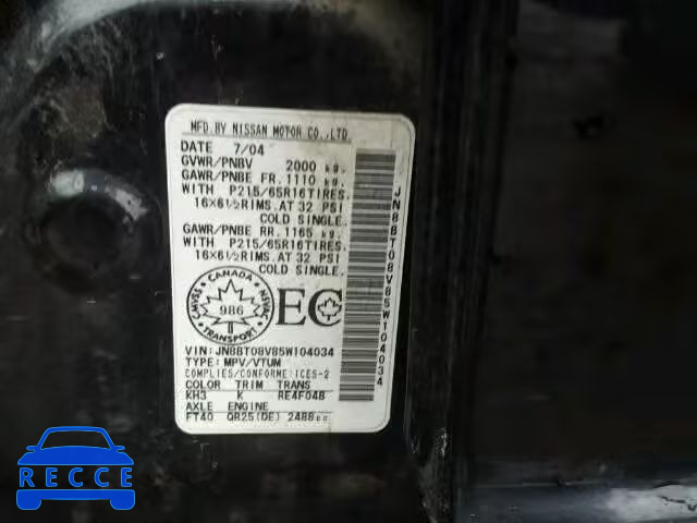 2005 NISSAN X-TRAIL XE JN8BT08V85W104034 image 9