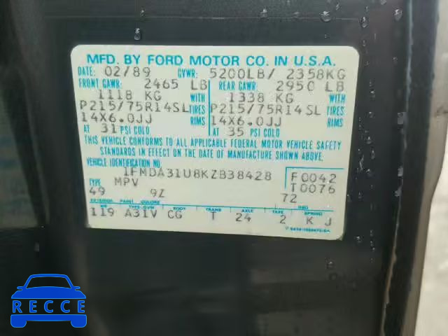 1989 FORD AEROSTAR 1FMDA31U8KZB38428 Bild 9