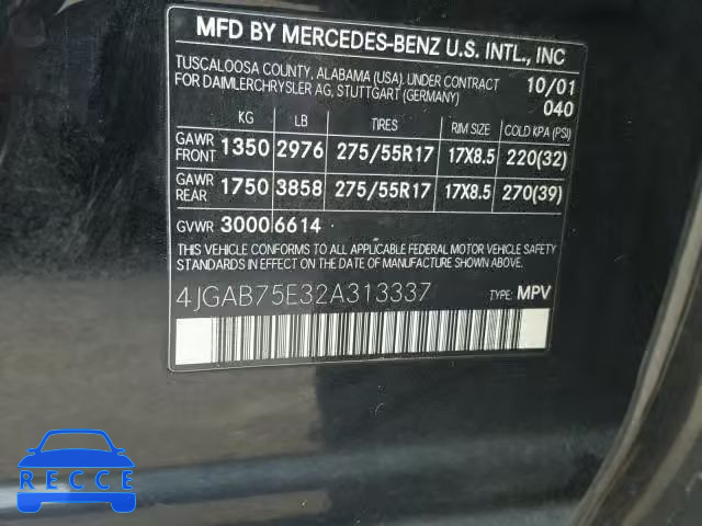 2002 MERCEDES-BENZ ML 500 4JGAB75E32A313337 image 9