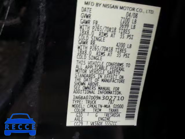 2009 NISSAN TITAN XE 1N6BA07D09N302710 image 9