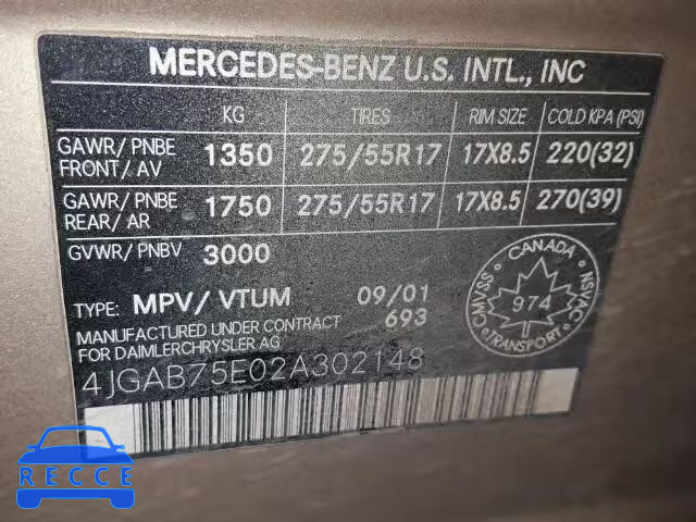 2002 MERCEDES-BENZ ML 500 4JGAB75E02A302148 зображення 9
