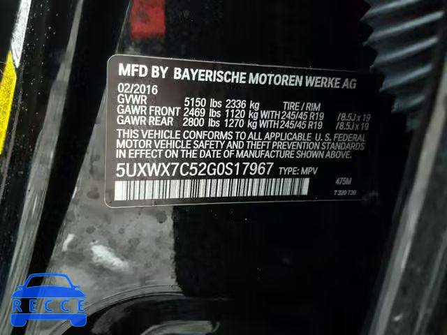 2016 BMW X3 XDRIVE3 5UXWX7C52G0S17967 зображення 9