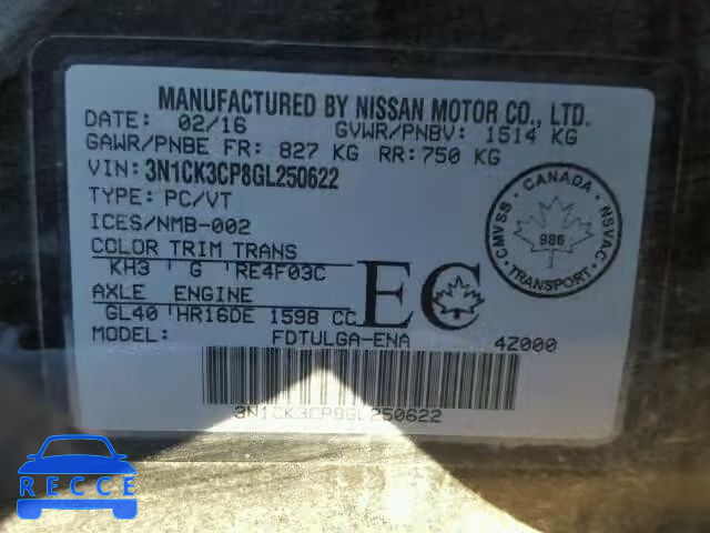 2016 NISSAN MICRA 3N1CK3CP8GL250622 image 9