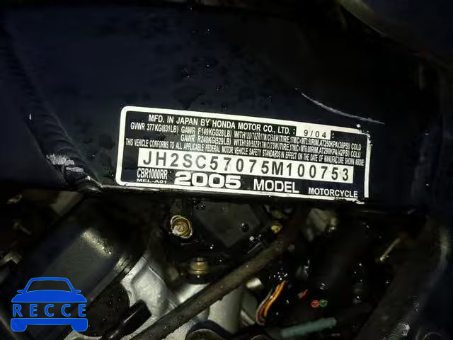 2005 HONDA CBR1000 RR JH2SC57075M100753 image 9