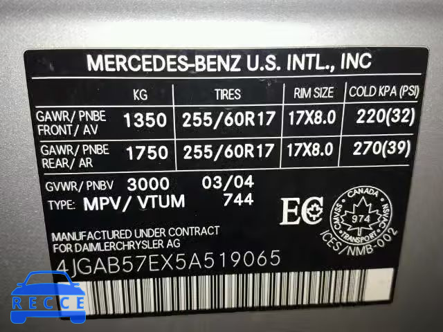 2005 MERCEDES-BENZ ML 350 4JGAB57EX5A519065 зображення 9