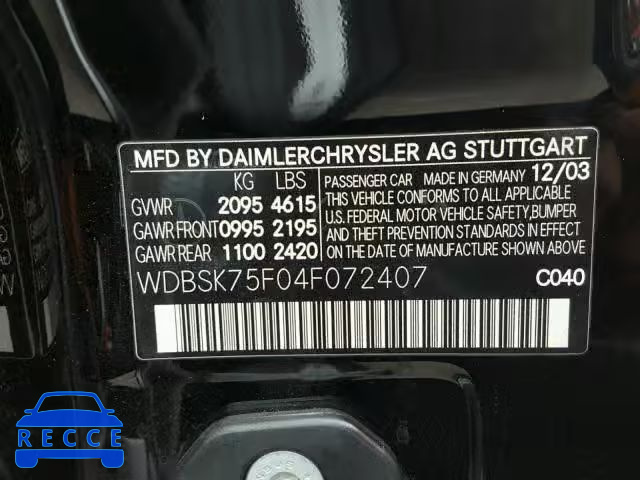 2004 MERCEDES-BENZ SL 500 WDBSK75F04F072407 image 9