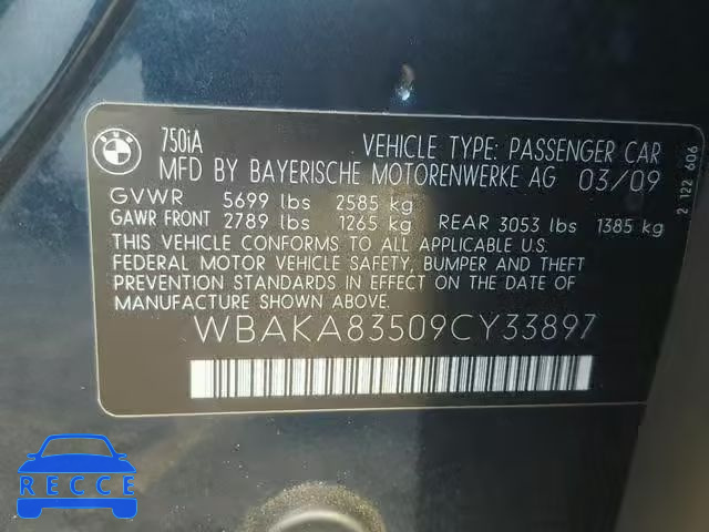 2009 BMW 750 I WBAKA83509CY33897 зображення 9
