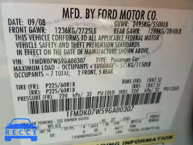 2009 FORD TAURUS X E 1FMDK07W59GA00307 зображення 9