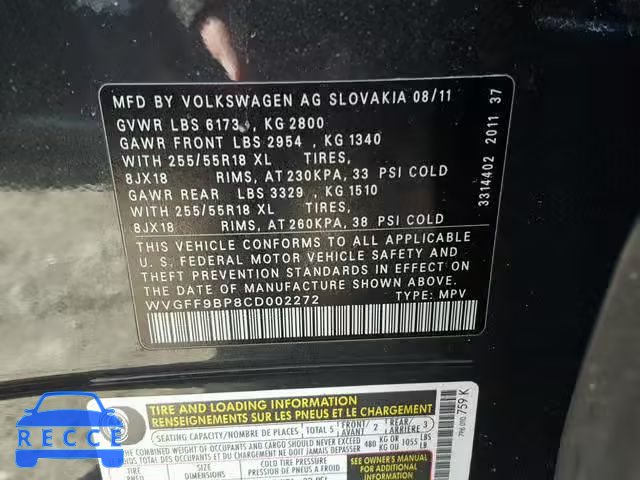 2012 VOLKSWAGEN TOUAREG V6 WVGFF9BP8CD002272 зображення 9