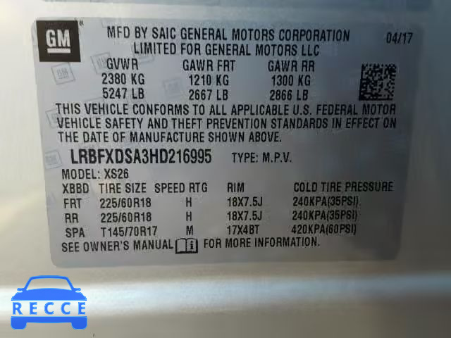 2017 BUICK ENVISION E LRBFXDSA3HD216995 image 9