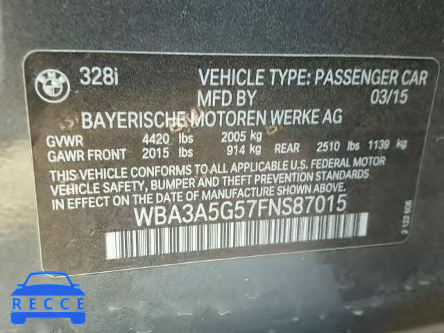2015 BMW 328 I WBA3A5G57FNS87015 зображення 9