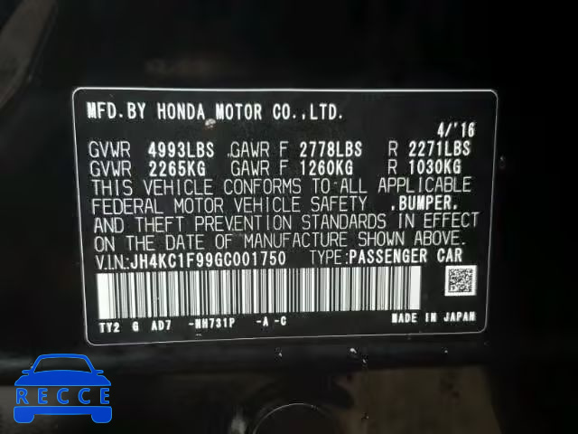 2016 ACURA RLX ADVANC JH4KC1F99GC001750 зображення 9