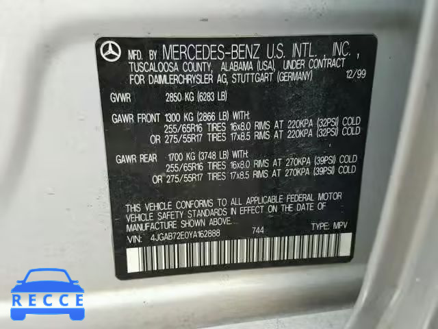 2000 MERCEDES-BENZ ML 430 4JGAB72E0YA162888 Bild 9