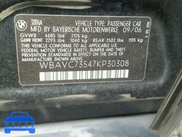 2007 BMW 328 XI SUL WBAVC73547KP30308 зображення 9
