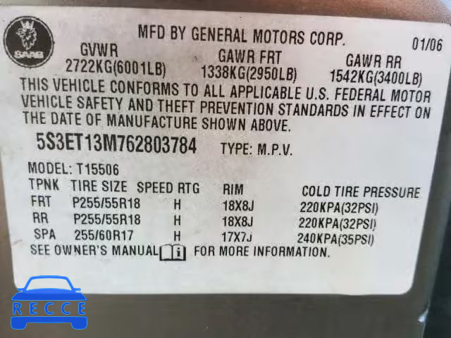 2006 SAAB 9-7X ARC 5S3ET13M762803784 Bild 9