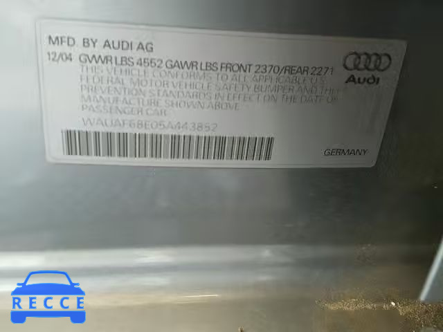 2005 AUDI A4 2.0T WAUAF68E05A443852 image 9