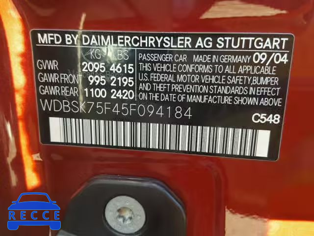 2005 MERCEDES-BENZ SL 500 WDBSK75F45F094184 Bild 9