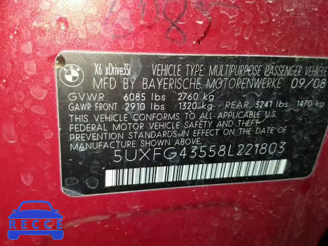 2008 BMW X6 XDRIVE3 5UXFG43558L221803 image 9