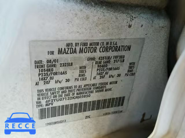 2002 MAZDA TRIBUTE DX 4F2YU07132KM05850 image 9