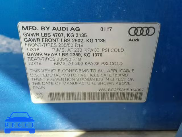 2017 AUDI Q3 PREMIUM WA1BCCFS3HR014387 image 9