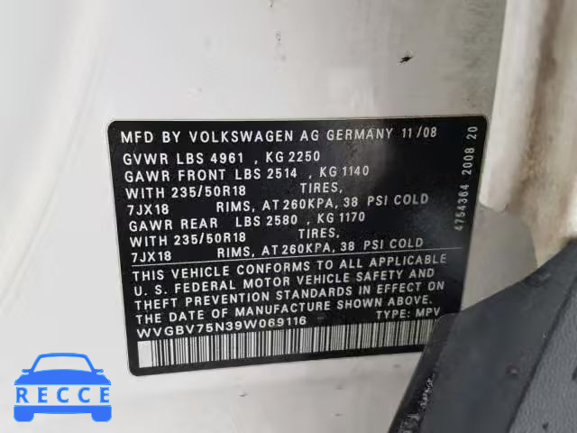 2009 VOLKSWAGEN TIGUAN SE WVGBV75N39W069116 image 9