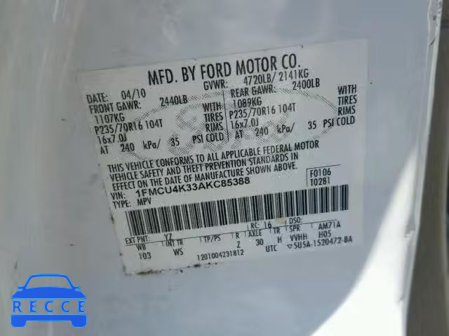 2010 FORD ESCAPE HYB 1FMCU4K33AKC85388 image 9