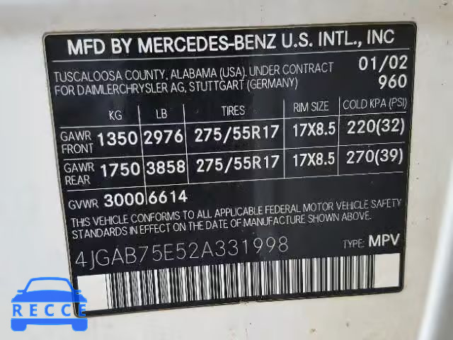 2002 MERCEDES-BENZ ML 500 4JGAB75E52A331998 image 9